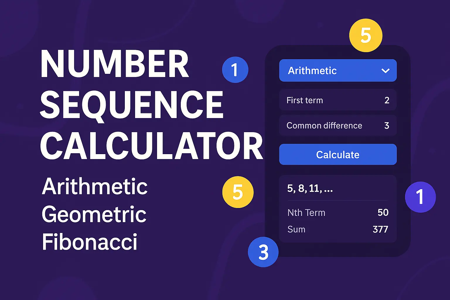 Modern Number Sequence Calculator banner showing Arithmetic, Geometric, and Fibonacci tools with clean UI and dark mode design