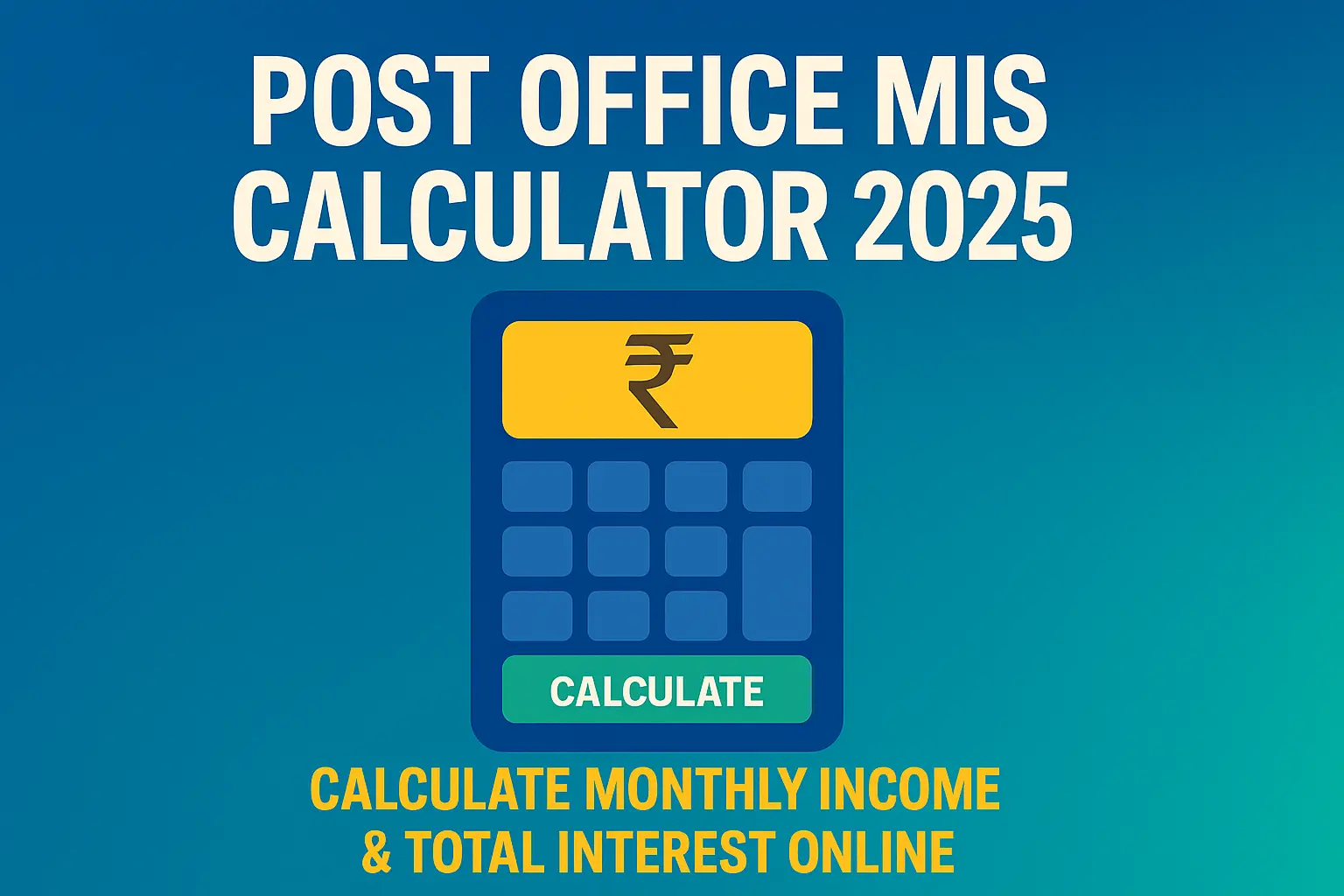 Post Office MIS Calculator 2025 banner showing a calculator icon and text ‘Calculate Monthly Income & Total Interest Online’