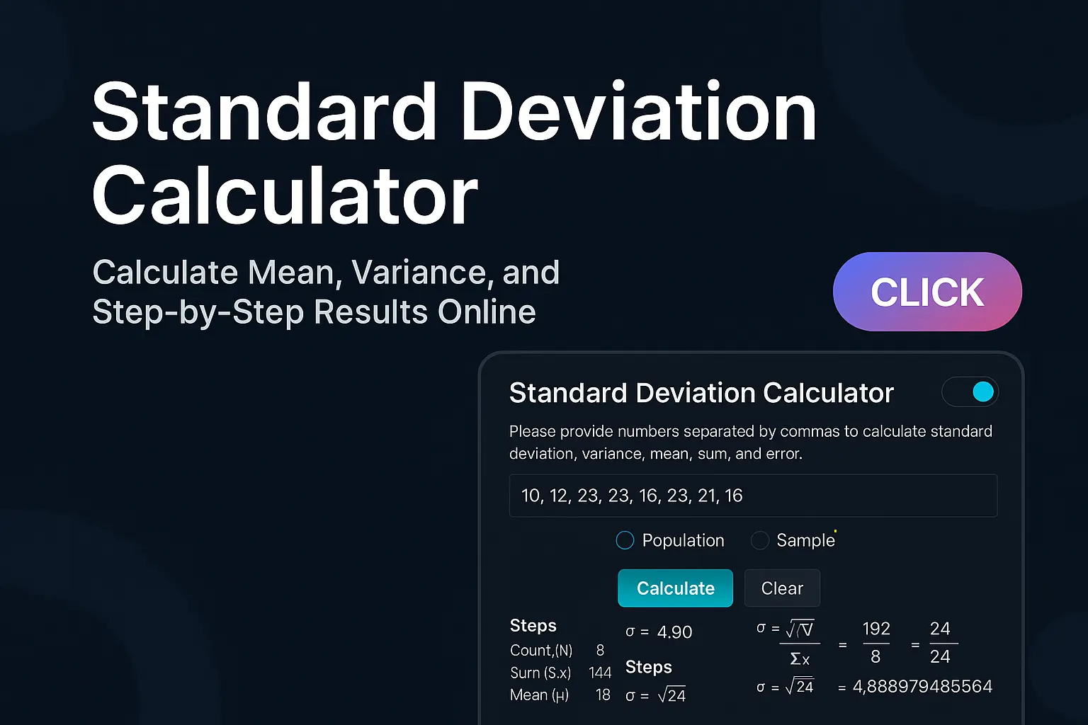 Standard Deviation Calculator – Calculate Mean, Variance, and Step-by-Step Results Online